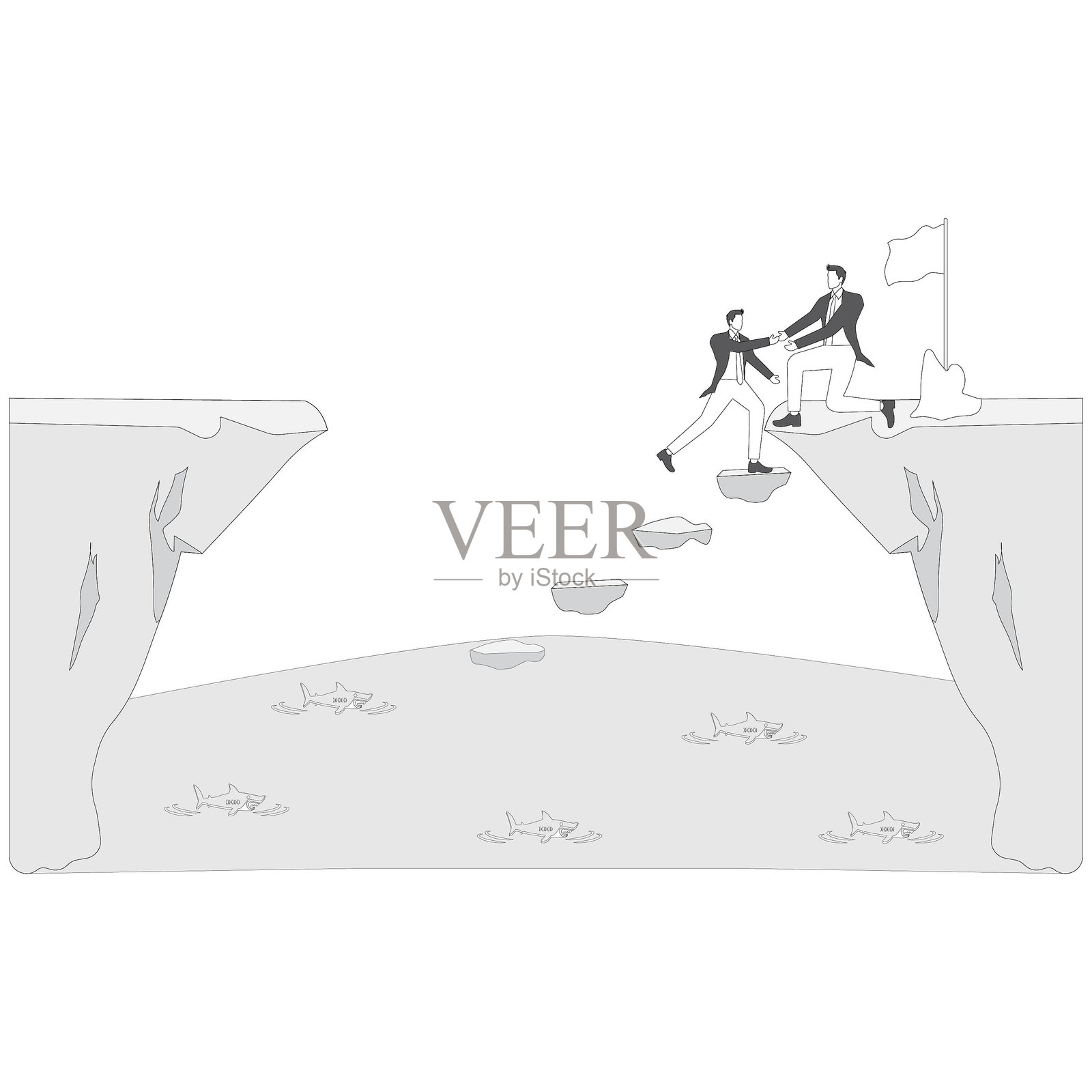 商人在悬崖顶端举着旗帜，拉着他的伙伴一起攀登，象征着商业或职业帮助、信任、合作与友谊。插画图片素材