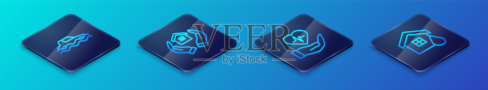 等距线条生命保险在手，洪水汽车，房屋洪水和图标。矢量图。插画图片素材