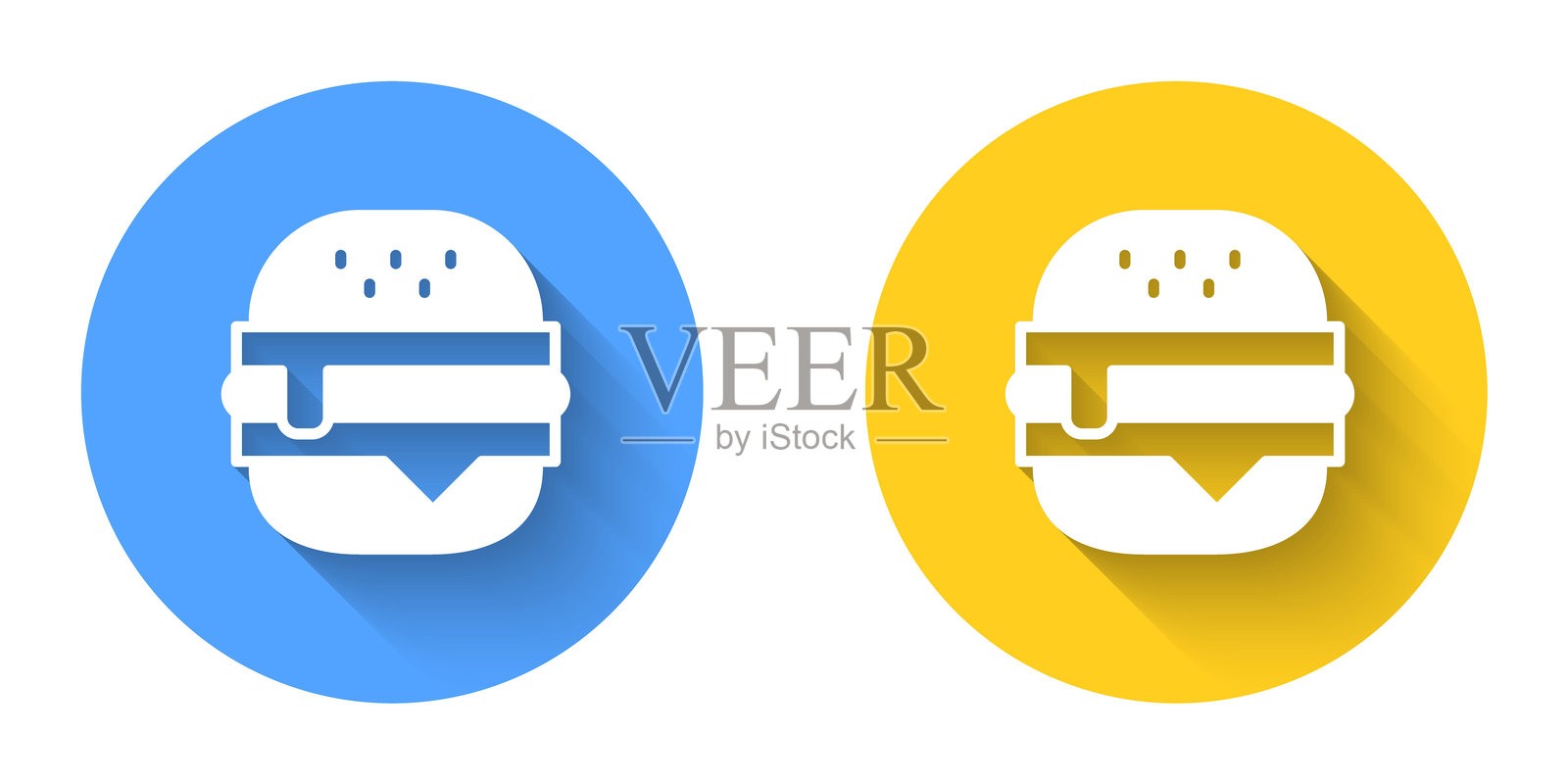 白色汉堡图标，带有长阴影背景。汉堡图标。芝士汉堡三明治标志。快餐菜单。圆形按钮。矢量图。插画图片素材