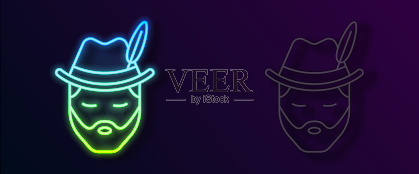 发光的霓虹线条，穿着德国十月节服装的男人图标，背景为黑色。矢量图。插画图片素材