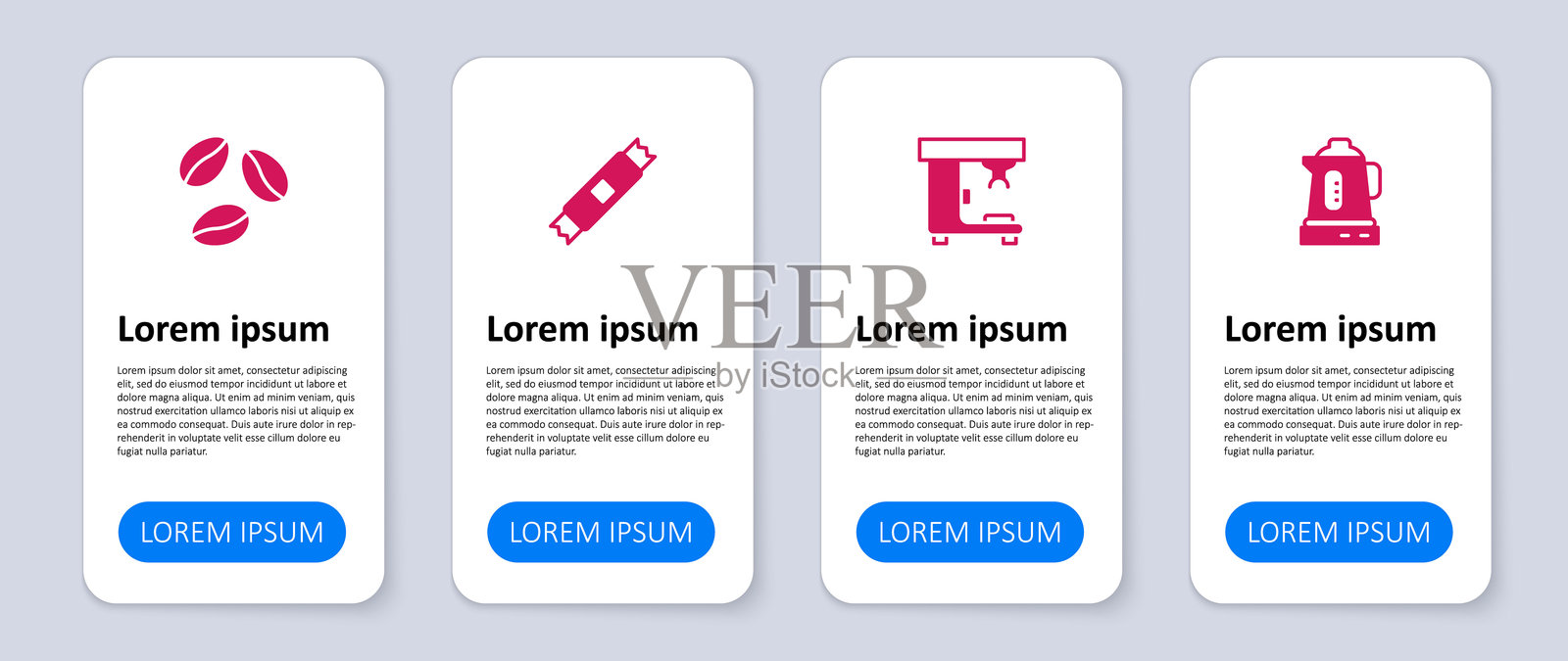 电热水壶、咖啡机、糖包和咖啡豆的设置。商业信息图模板。矢量图。插画图片素材