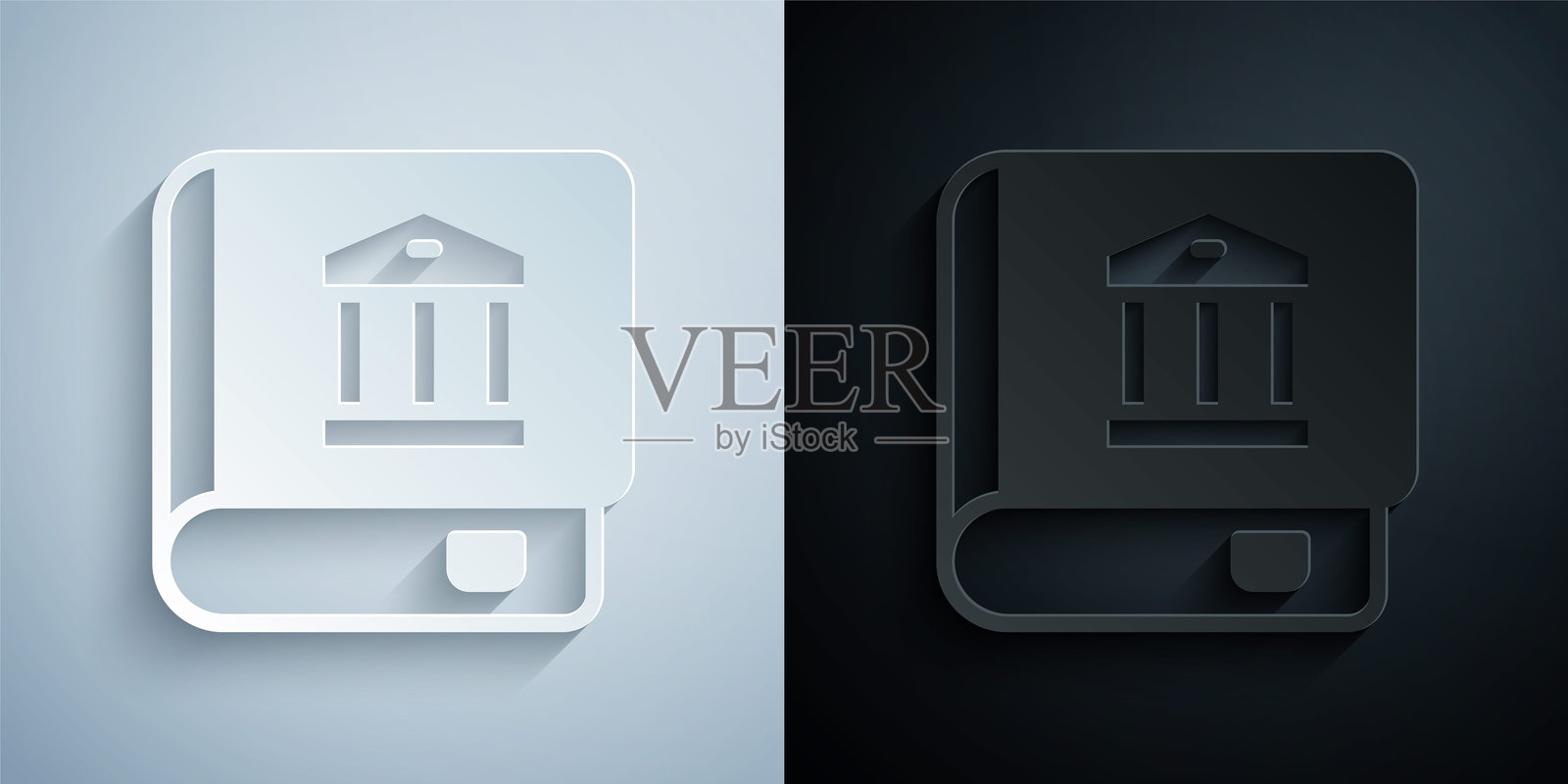 纸雕法典图标，背景为灰色和黑色。法律法官书籍。判决概念。纸艺风格。矢量图。插画图片素材