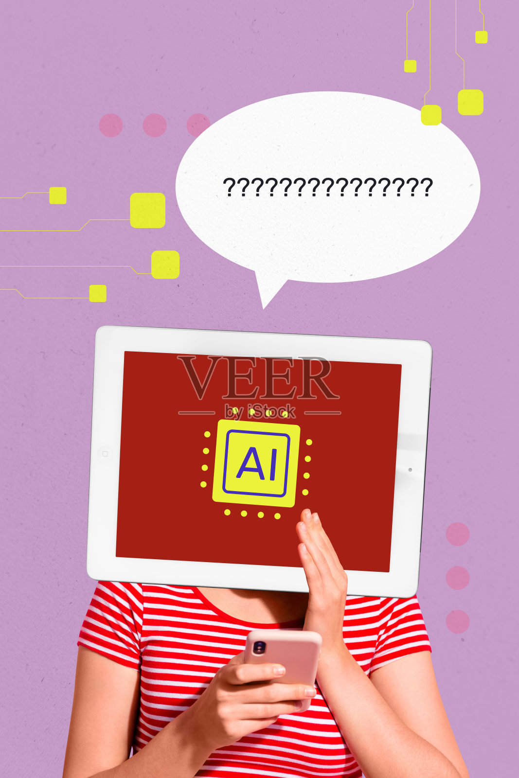 商业女性年轻女士在工作中使用互联网、智能手机和平板电脑的综合趋势艺术作品草图拼贴，展示了人工智能机器人技术。照片摄影图片