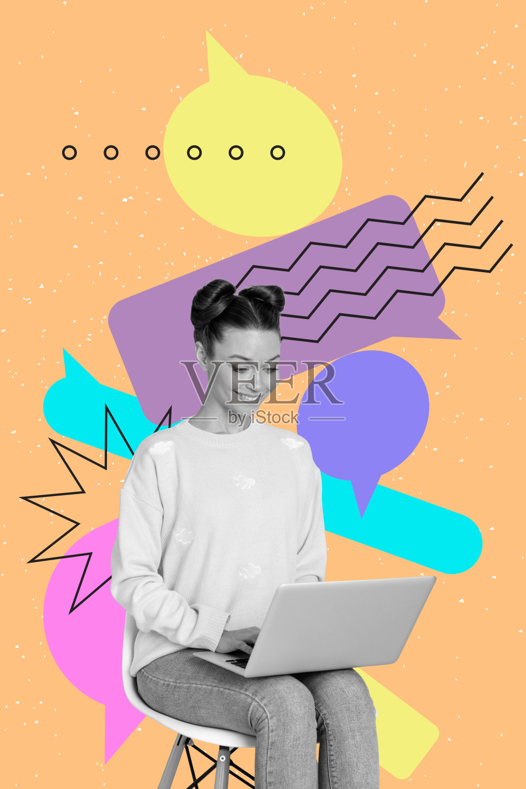 快乐可爱的女孩坐在椅子上，使用无线笔记本电脑在线交流，背景为手绘风格。照片摄影图片