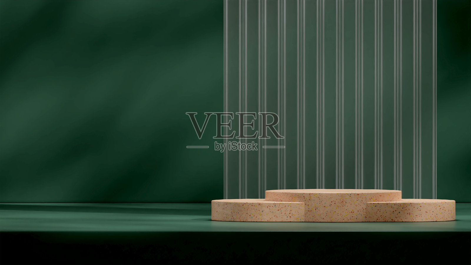 3D渲染模板模型，橙色 terrazzo 展台，背景为磨砂玻璃的风景。照片摄影图片