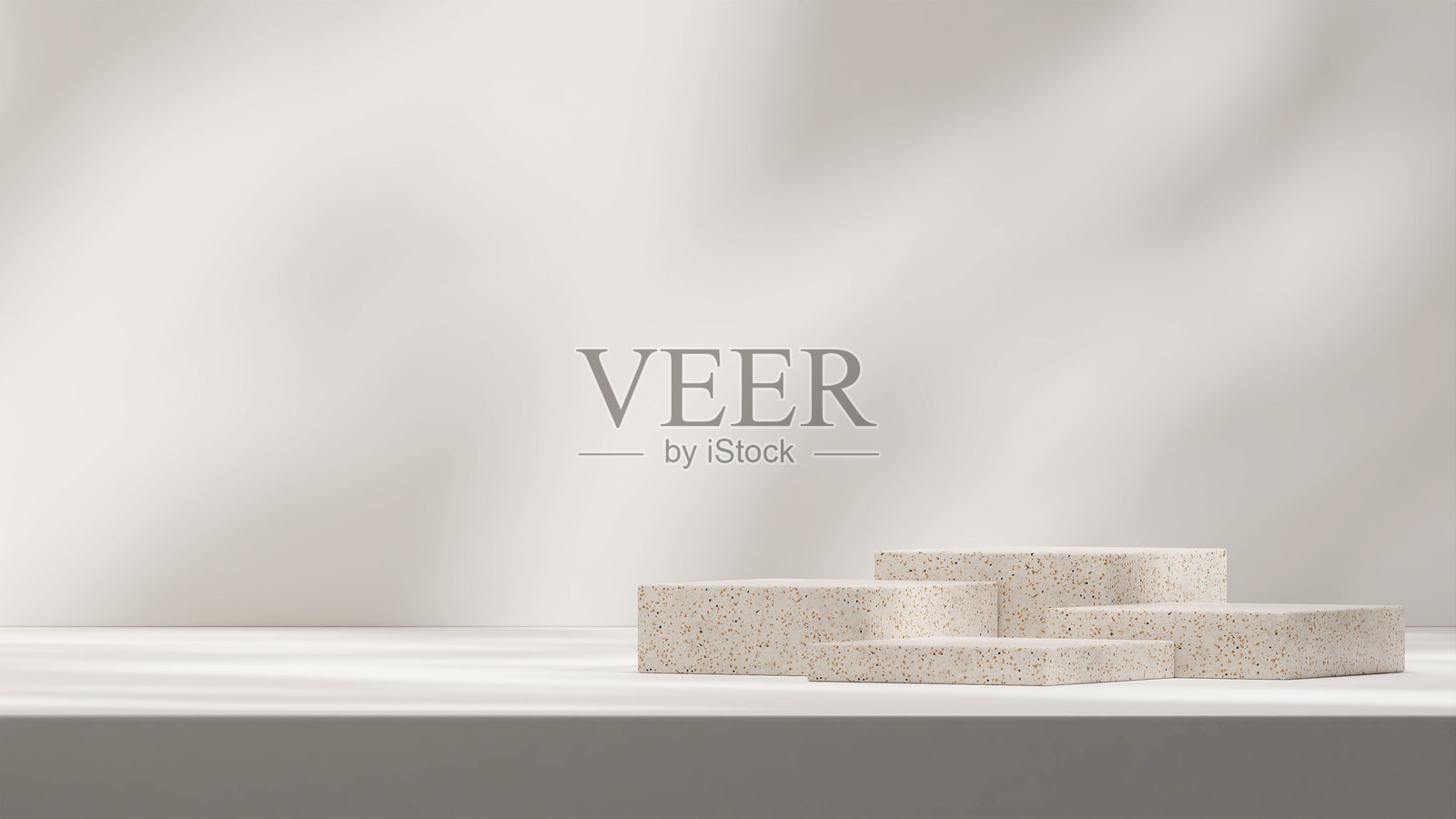 极简主义3D渲染的 terrazzo 方形讲台，置于白色墙壁的阳光阴影下的风景中照片摄影图片