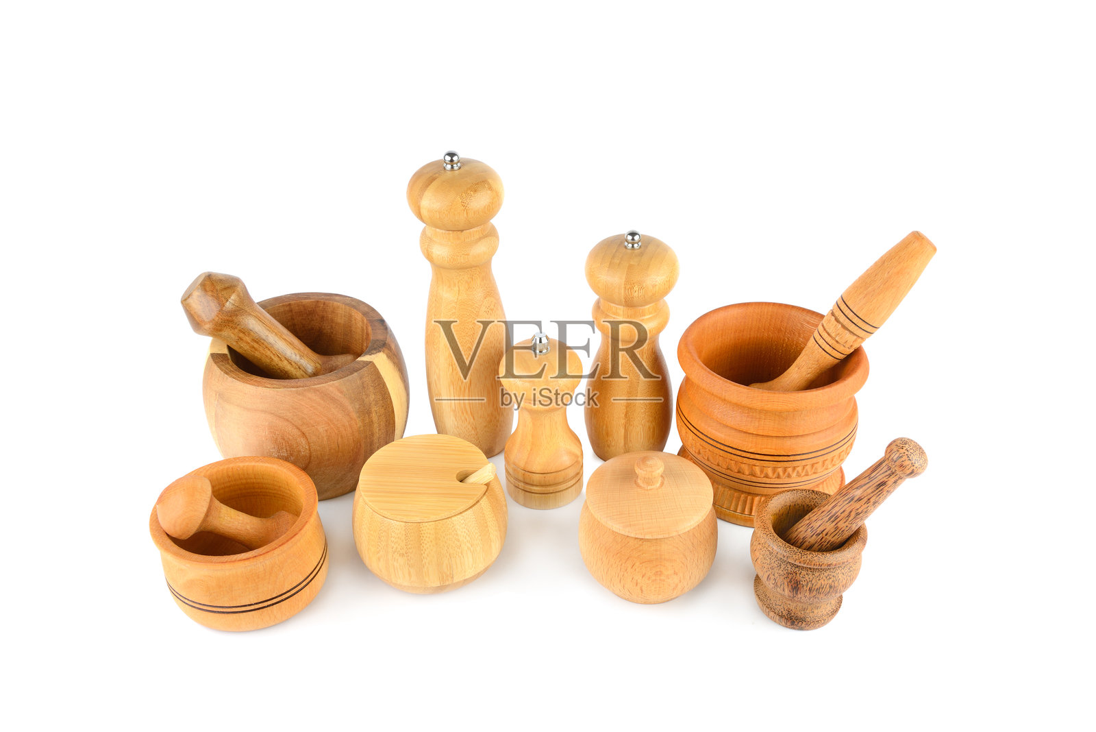 一套木制厨房用具，孤立在白色背景上。照片摄影图片