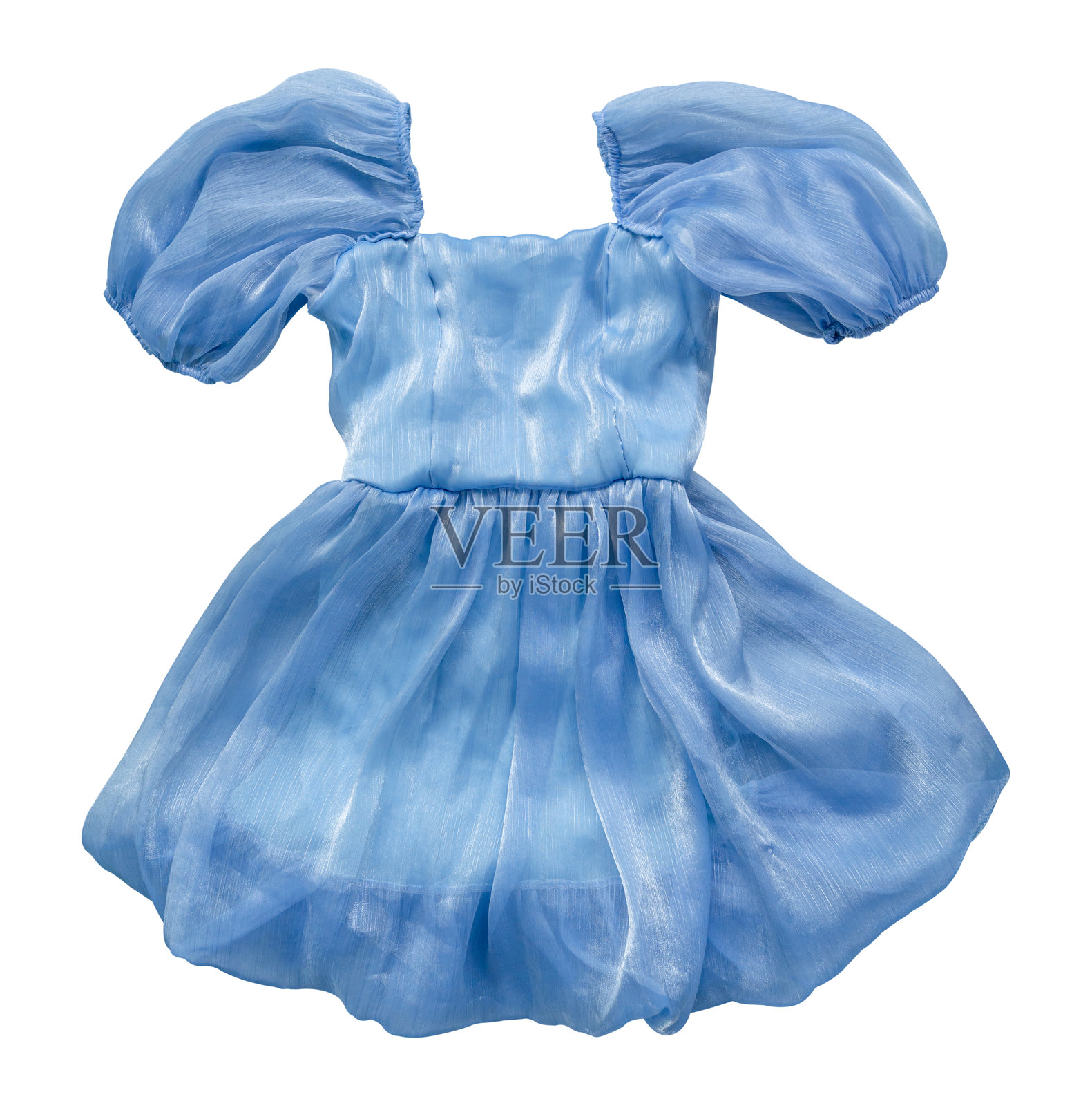 白色背景上孤立的儿童女孩蓝色连衣裙，带有抠图路径照片摄影图片