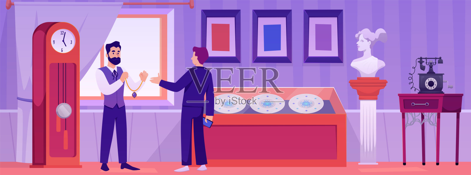 优雅的古董店矢量插图，展示古董项链、手表、雕塑和画作插画图片素材