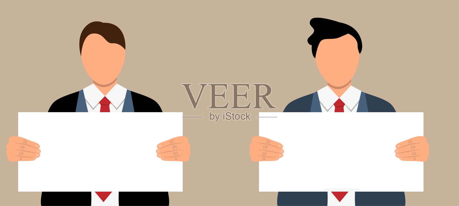 两位商务人士手持一张空白纸张以作公告插画图片素材