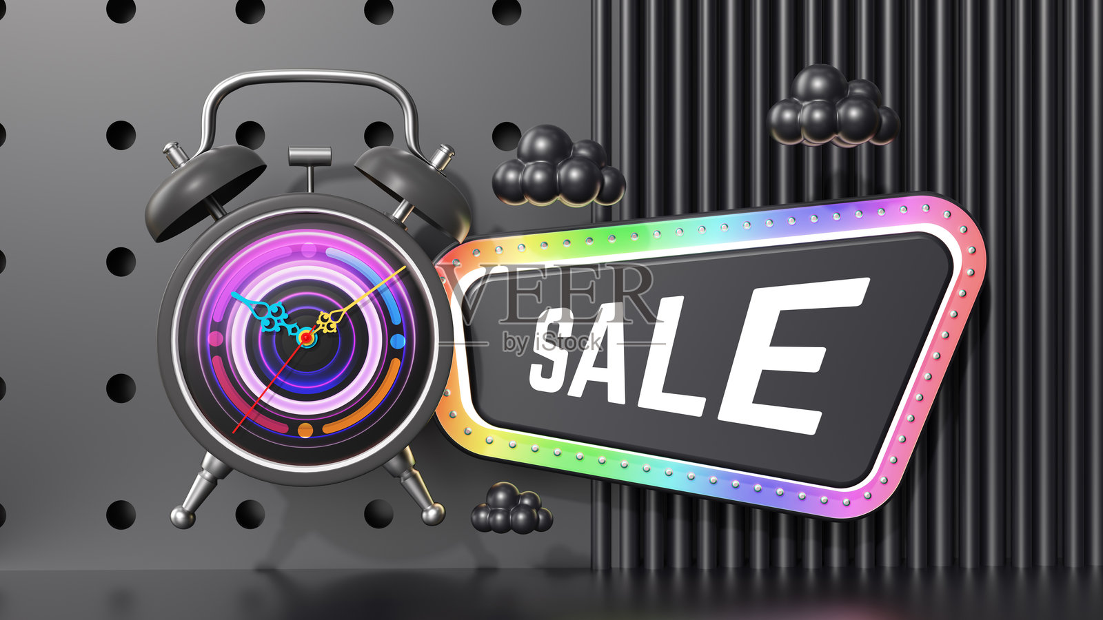 复古闹钟的促销横幅 3D 渲染。色彩斑斓的霓虹灯、几何形状、黑色背景、波点图案、漂浮元素、鲜艳的色彩、限时优惠、超现实美学、未来风格。照片摄影图片