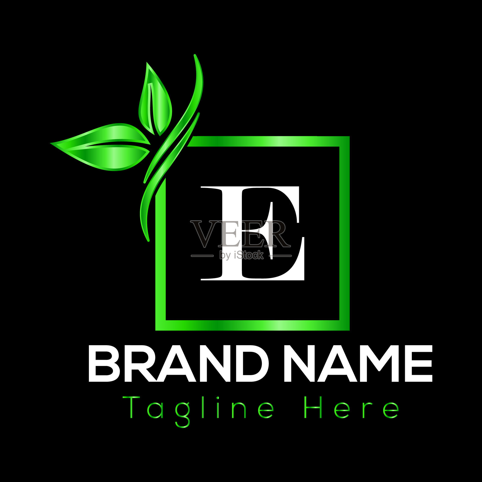 字母E上的生态标志模板。字母E上的生态，生态首字母，叶子，自然，绿色标志概念。插画图片素材