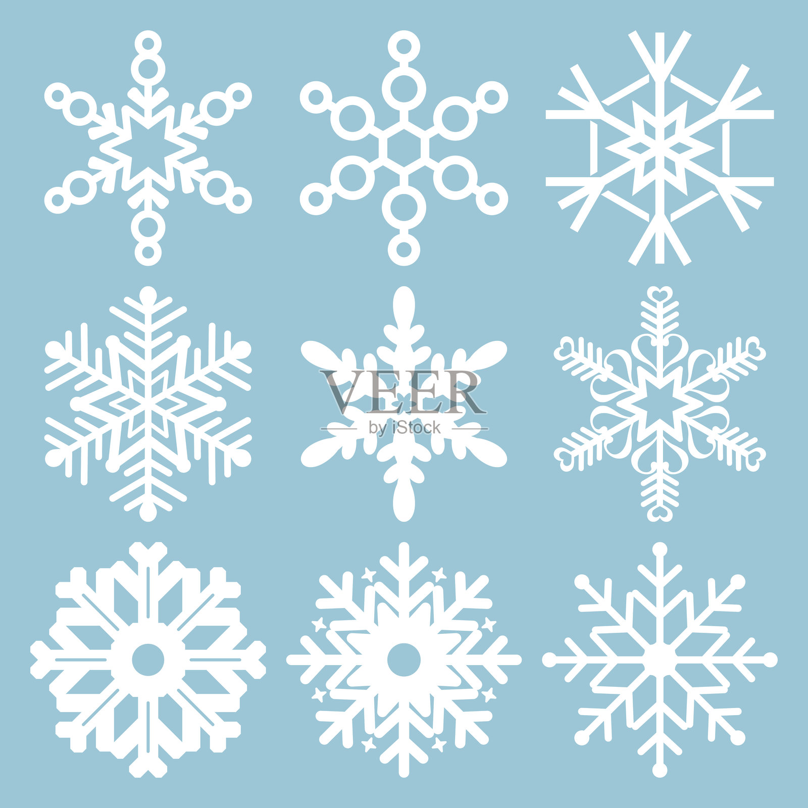 雪花图标。雪花矢量图。雪花集合。冬季和圣诞主题的背景。蓝色背景上的雪花图标。矢量插图。设计元素。EPS10。插画图片素材