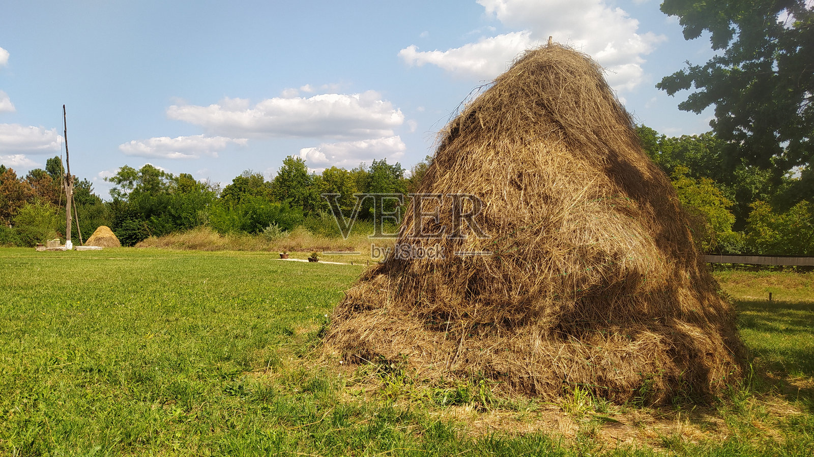 在阳光明媚的田野中，一个如画的干草堆被绿色植物和宁静的天空环绕。照片摄影图片