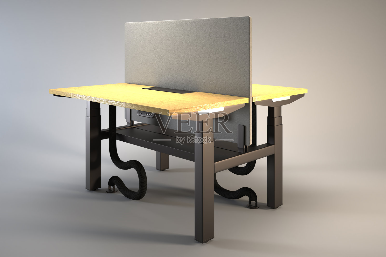 一张高度可调的桌子，顶部为浅色木材，框架为黑色。照片摄影图片