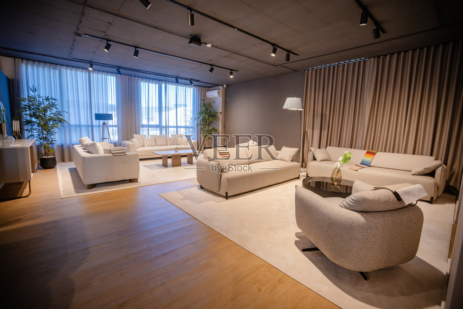 开放式生活空间，配有现代装饰和家具照片摄影图片