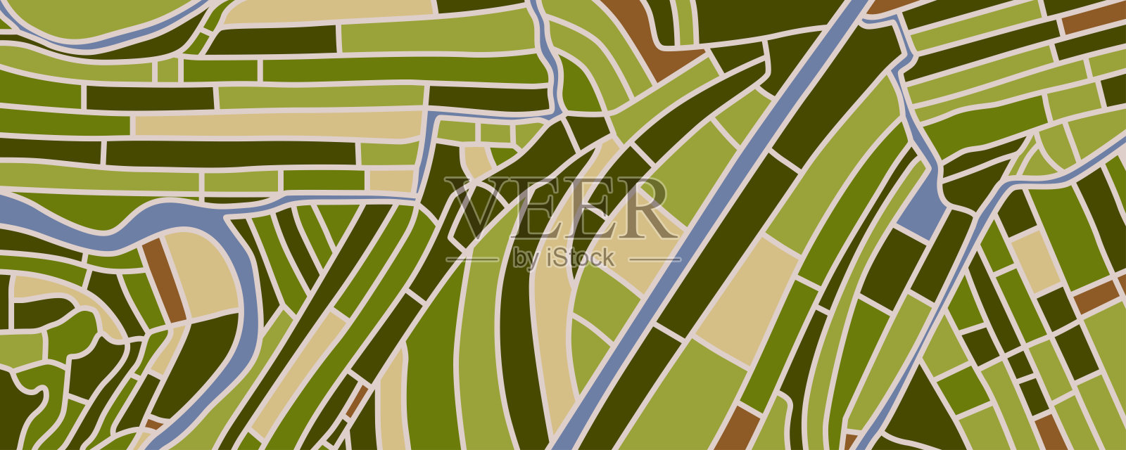 春天的乡村，俯瞰绿色田野的航拍图，种植着水稻的耕地。适合用作壁纸或设计元素的矢量背景。插画图片素材