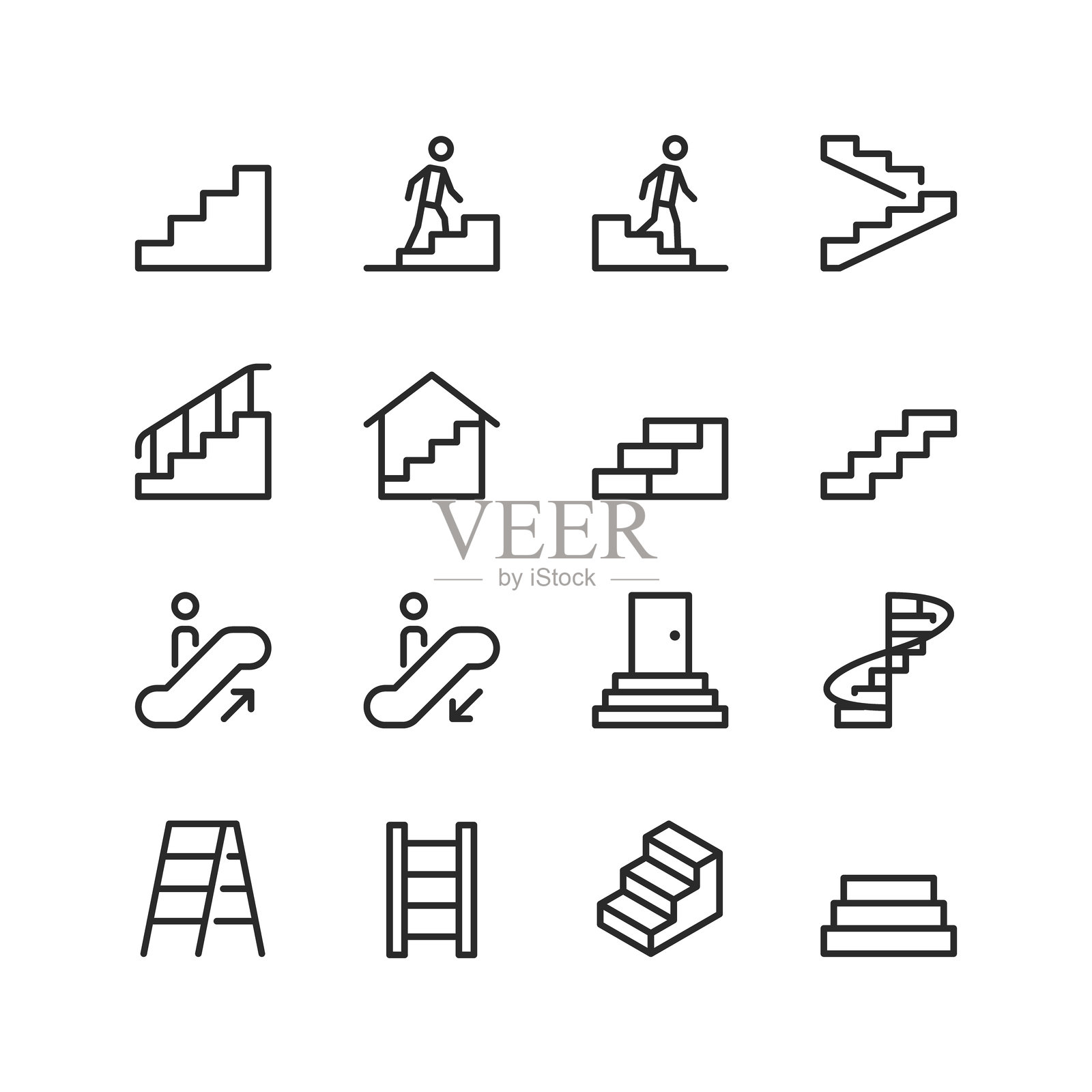 步骤，线性风格图标集。人类攀爬台阶。梯子。由多个台阶和扶手组成的结构。可编辑的线条宽度。插画图片素材
