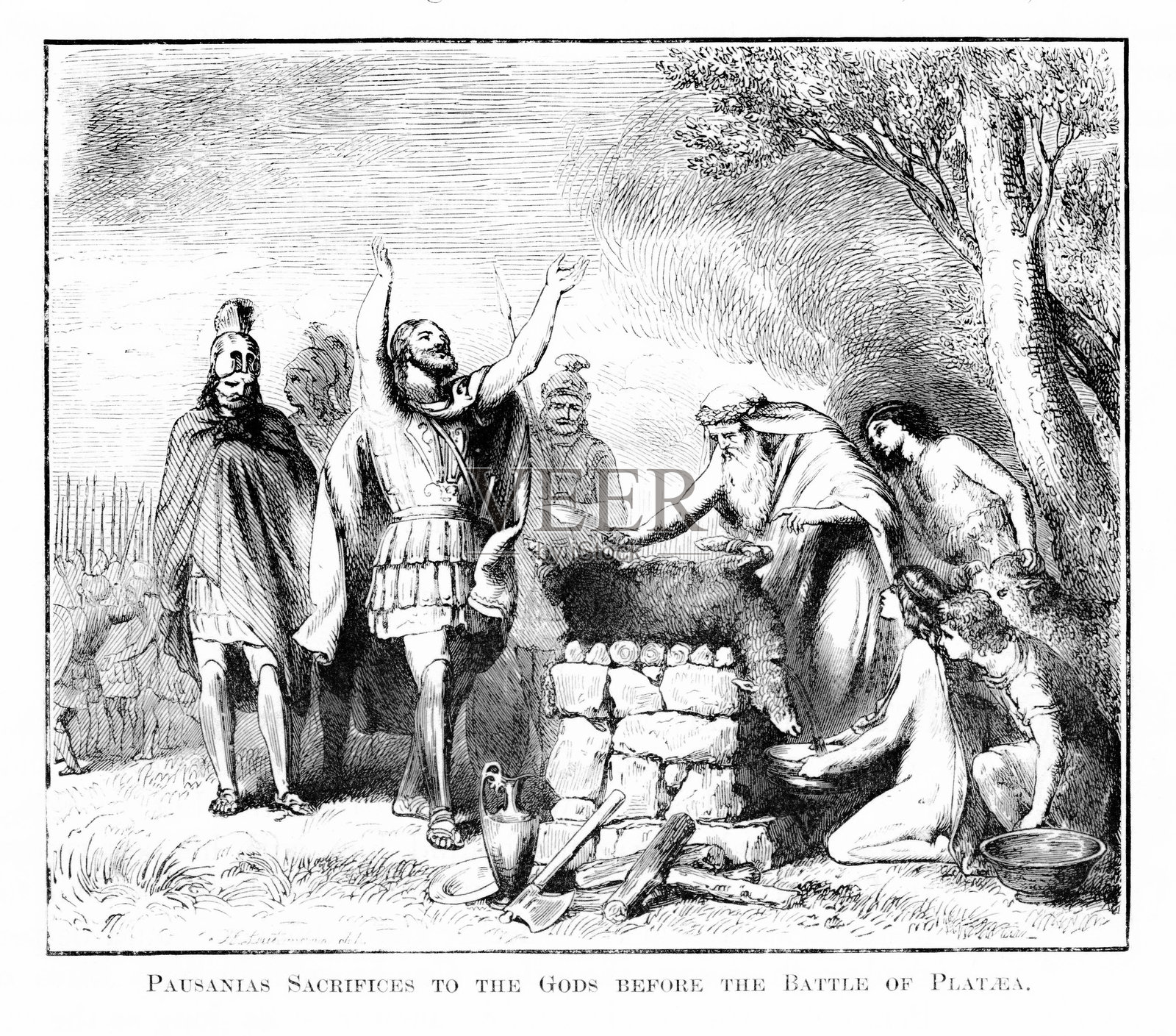 波萨尼亚斯在普拉提亚战役前向神祇献祭，古希腊历史插画图片素材