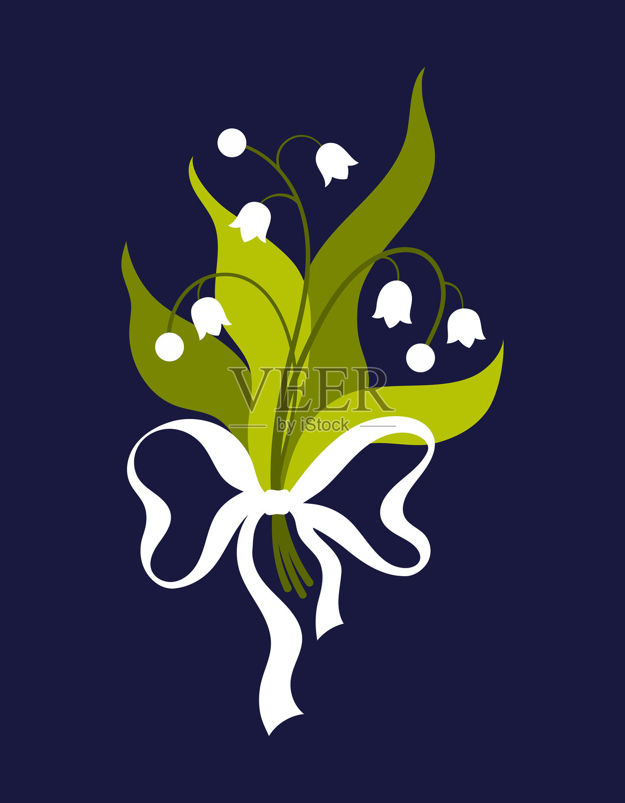 春天的铃兰花束，系着白色丝带，背景为深蓝色。美丽、精致的现代印刷作品。插画图片素材