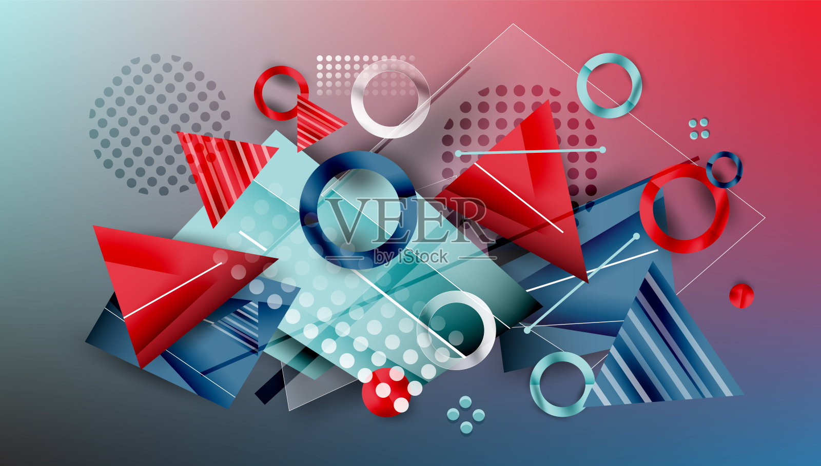 抽象背景 - 重叠的圆形、矩形和三角形，配以鲜艳的渐变色。半透明的形状营造出深度和均衡感。插画图片素材