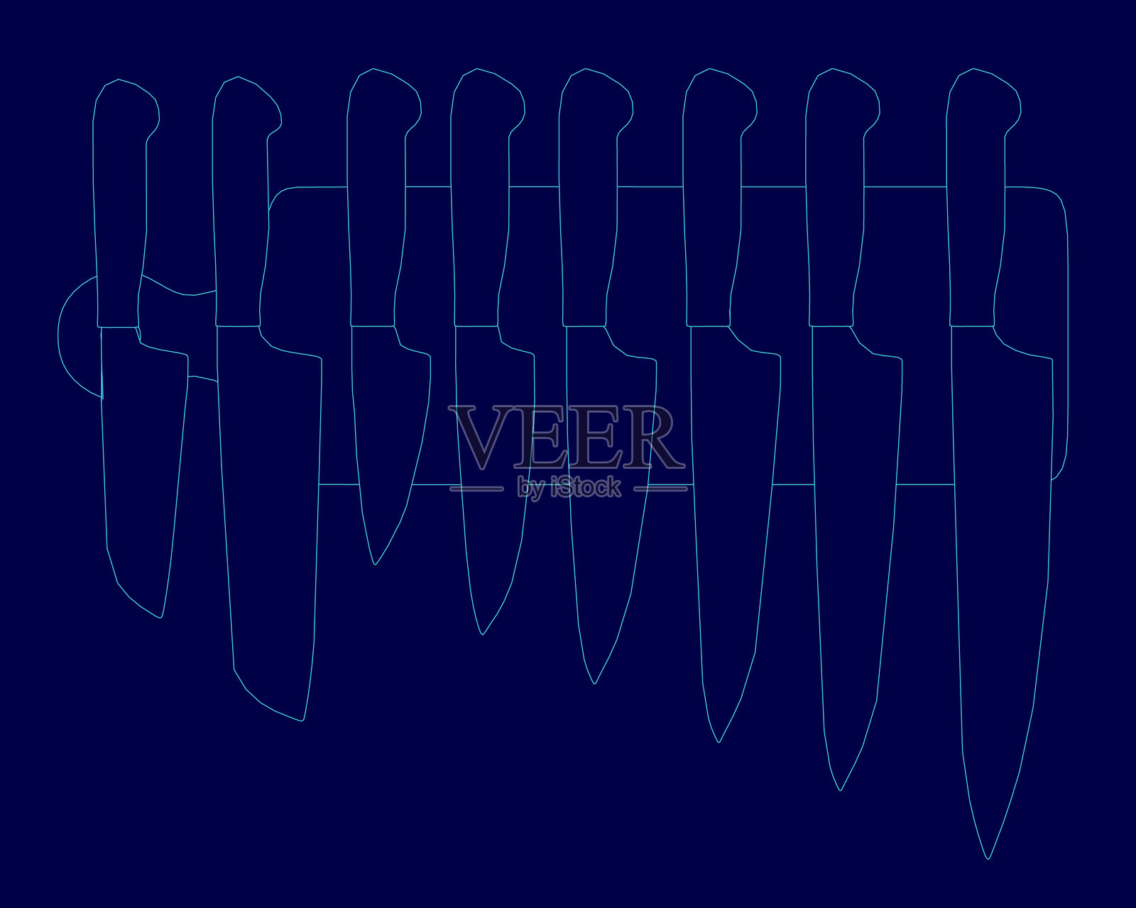 蓝色背景上画着一系列刀具。刀具整齐地排成一行，左边是第一把刀，右边是最后一把刀。刀具的大小各不相同。插画图片素材