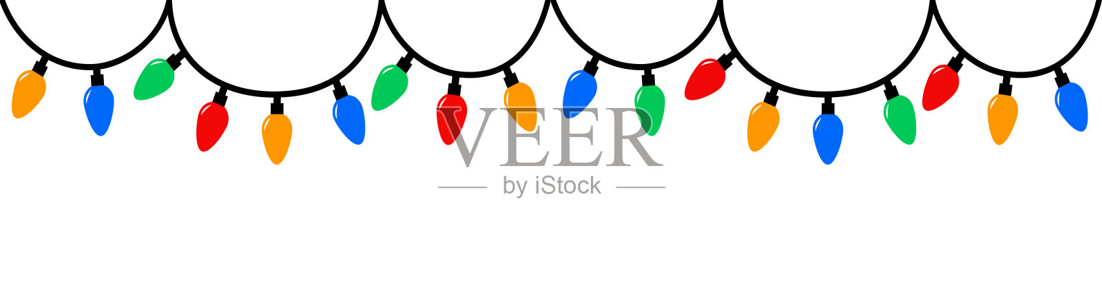 圣诞灯饰套装。发光的灯泡花环横幅。五彩缤纷的串灯。卡通节日圣诞装饰。椭圆形标志符号。扁平设计。白色背景。独立展示。插画图片素材