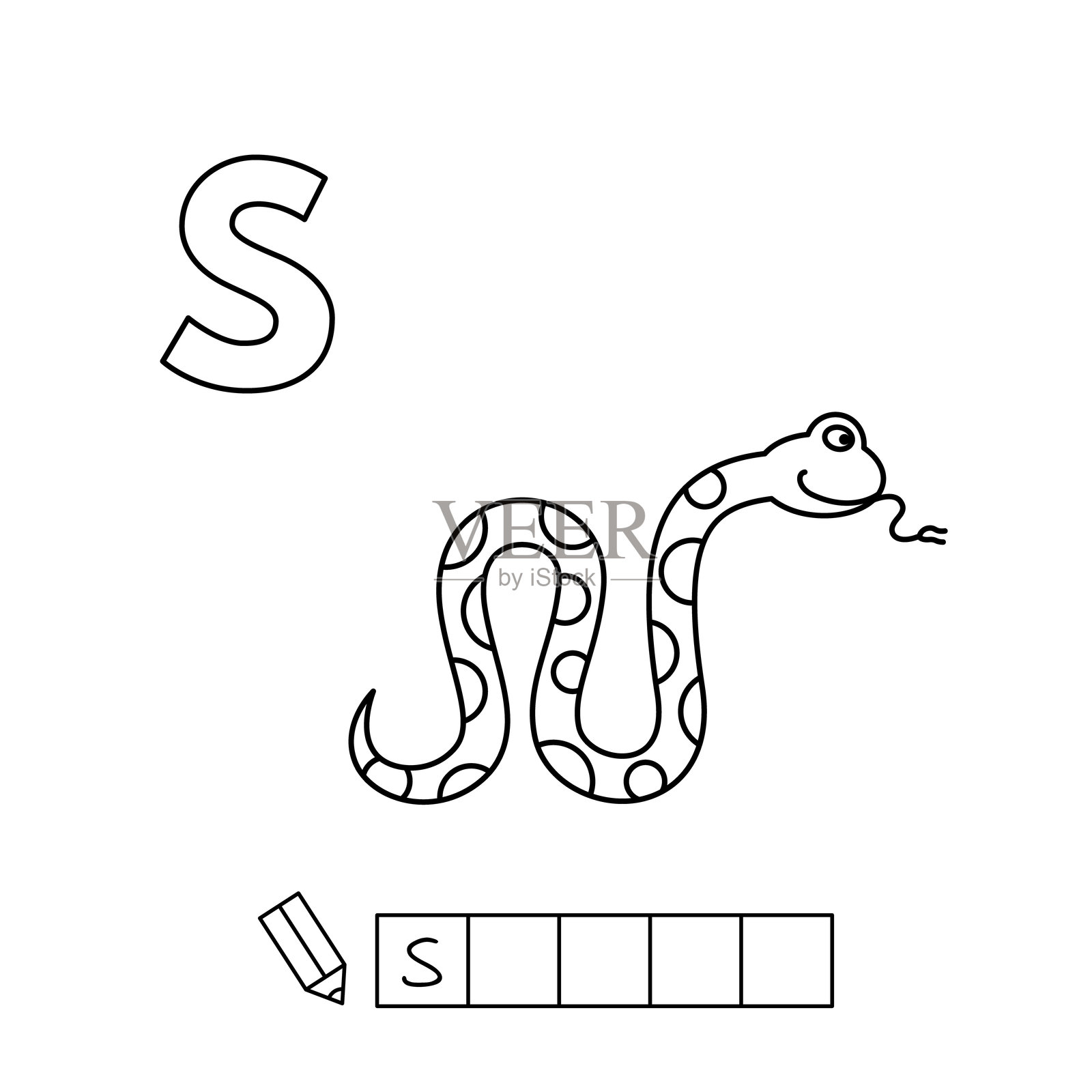 可爱的卡通动物英文字母矢量图。蛇的涂色页插画图片素材