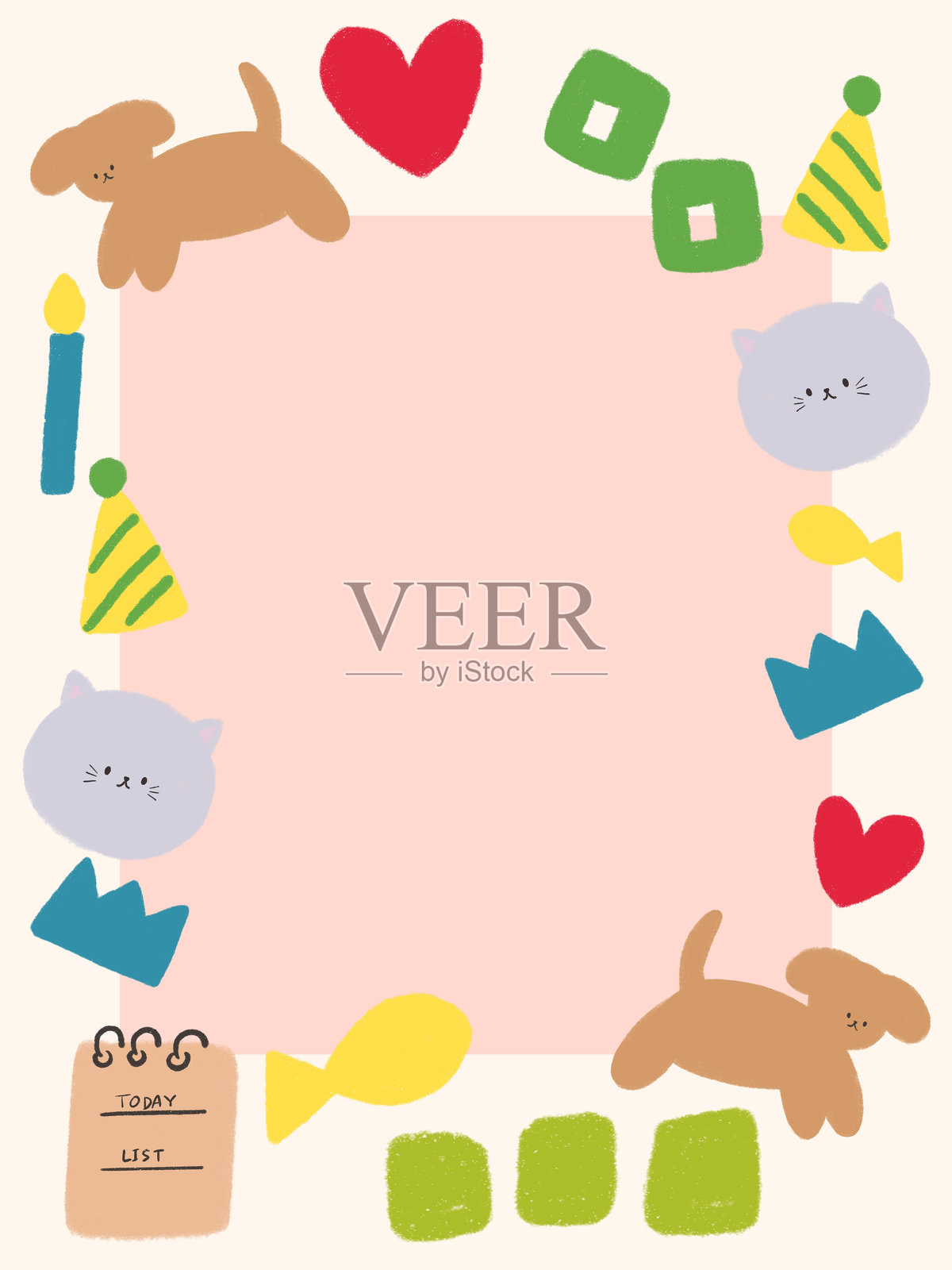 可爱的抽象模板集合：动物、水果、花卉现代海报贺卡，装饰性抽象图案与多彩涂鸦。插画图片素材