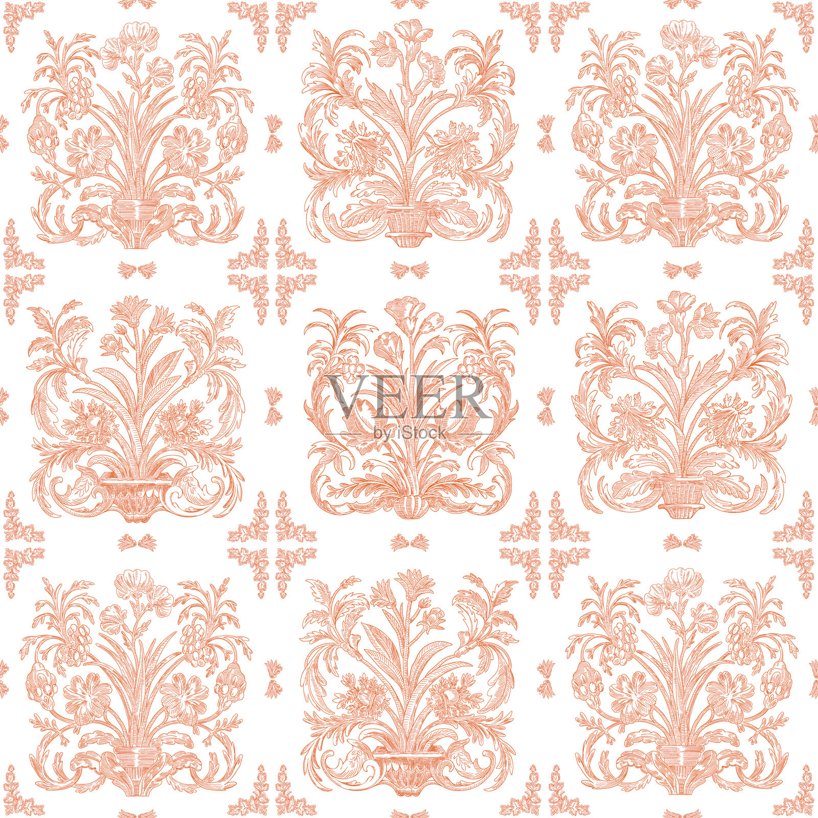 优雅的花卉装饰无缝图案背景，托伊尔德朱伊复古经典达玛斯克风格插画图片素材