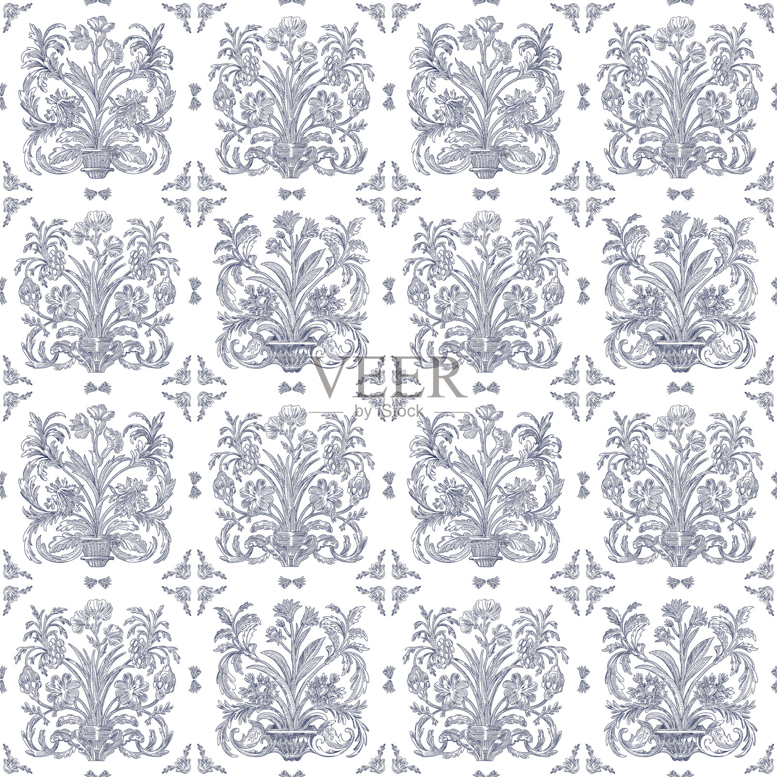 优雅的花卉装饰无缝图案背景，托伊尔德朱伊复古经典达玛斯克风格插画图片素材