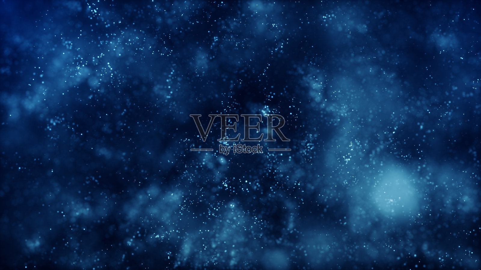 蓝色发光的逼真散景粒子的抽象流动，闪烁如蓝色海洋。表面的分子。水深处的气泡。黑暗背景下太空中的未来感闪光。插画图片素材