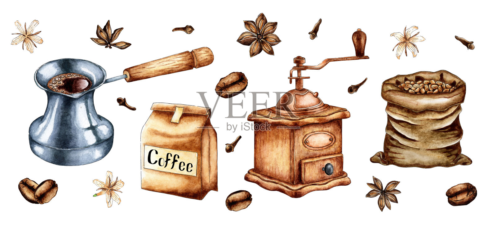 一套水彩画工艺包，包含咖啡豆、咖啡研磨机、土耳其咖啡壶、袋子和香料（肉桂、丁香）。黑咖啡或卡布奇诺。早餐热饮。清爽饮品。背景为白色。插画图片素材
