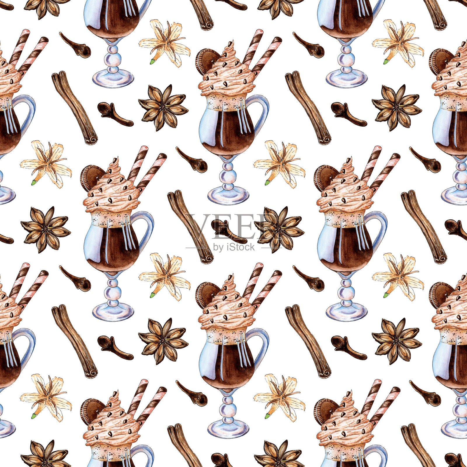 水彩画图案，巧克力鸡尾酒配饼干、吸管和香料（肉桂、丁香）。玻璃杯中的牛奶咖啡和奶油。奶油和巧克力碎片的可可饮品。咖啡馆或餐厅的午餐。背景为白色。插画图片素材
