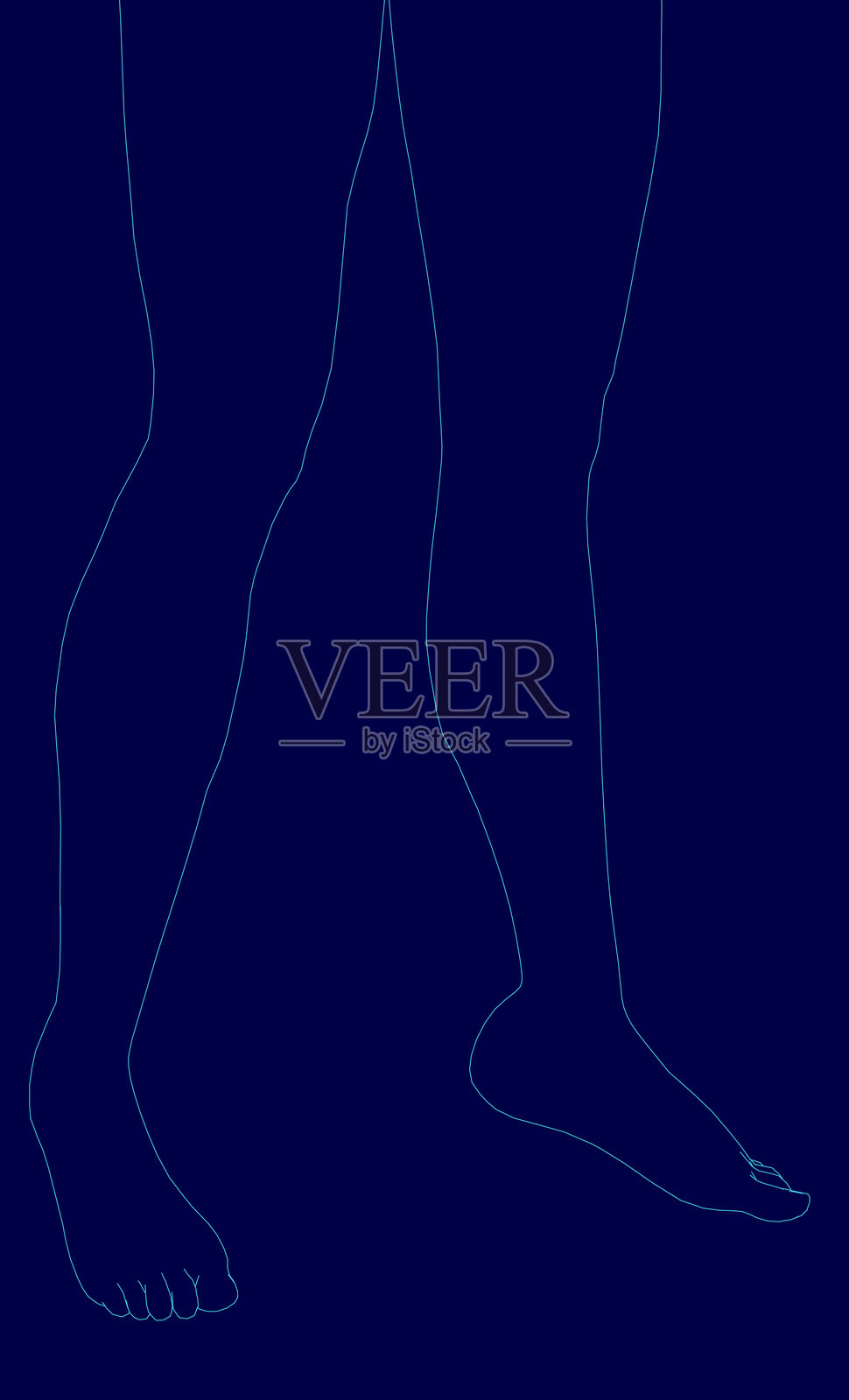 蓝色背景上绘有一个人的腿，腿部以黑色描绘，呈现出运动的姿态，脚和脚踝用蓝色勾勒。插画图片素材