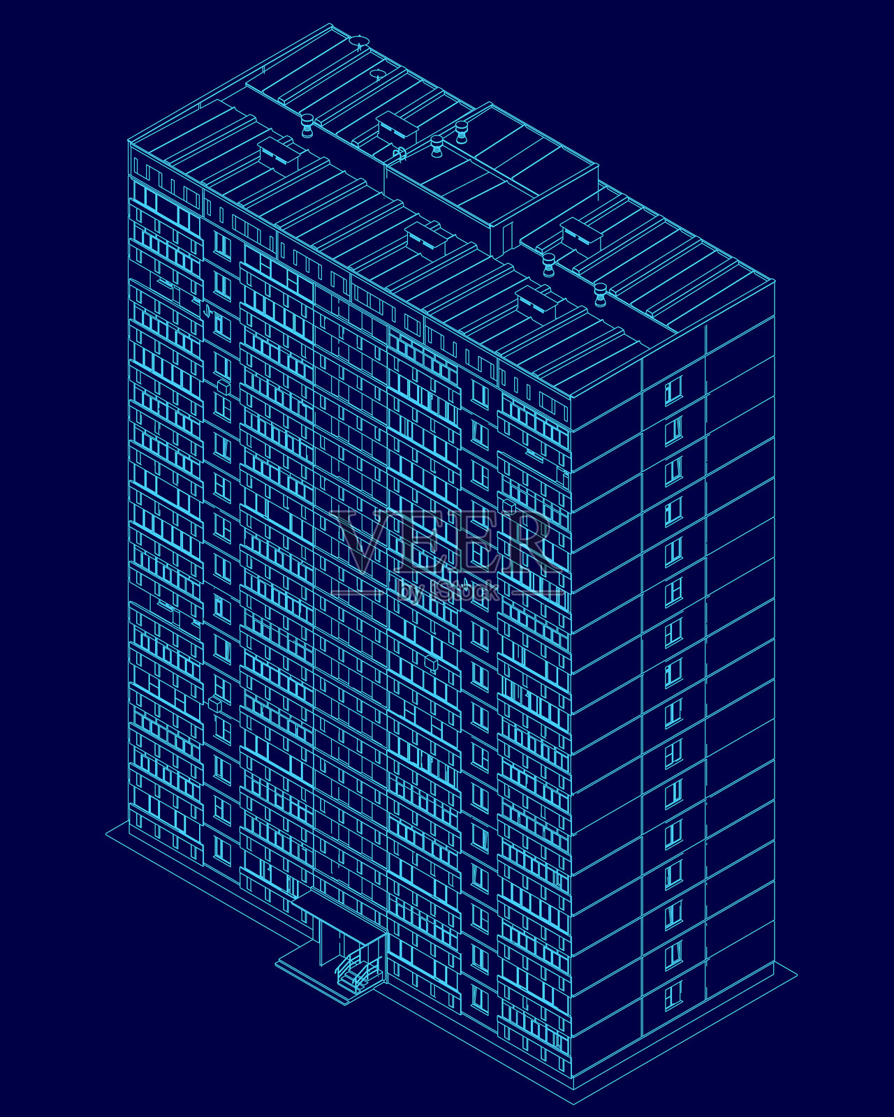 蓝色绘图的高楼大厦，拥有许多窗户。这座建筑非常高，窗户数量众多。等轴测视图插画图片素材