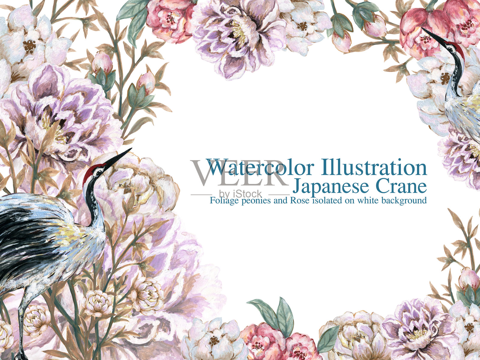 手绘贺卡，日历，计划本，灵感来自中国、韩国和日本的和服、浴衣，背景是花朵和鹤的水彩画。插画图片素材