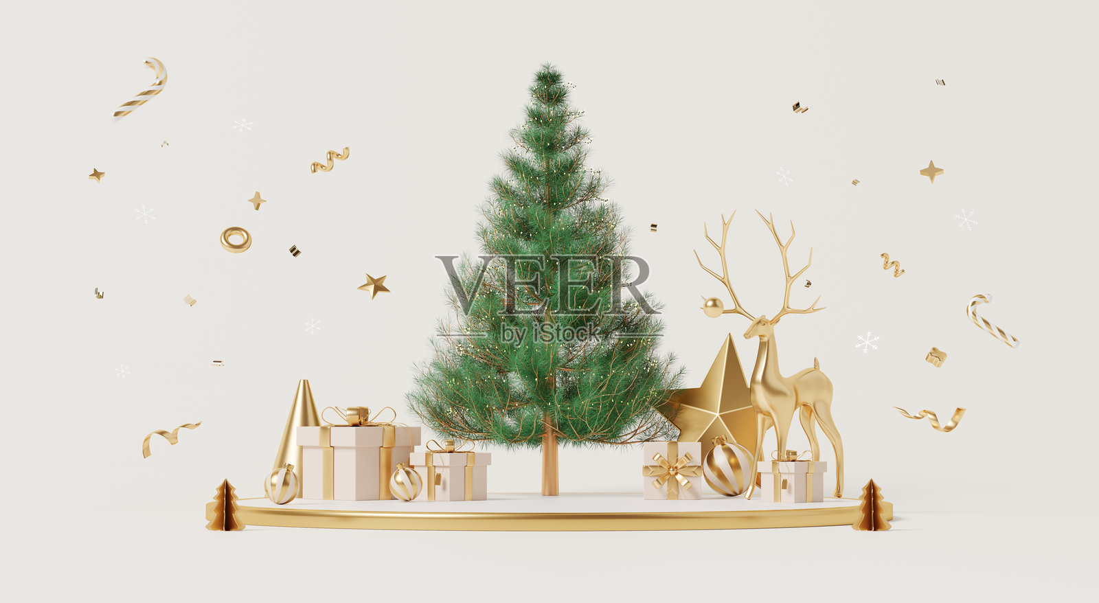 3D渲染，圣诞快乐和新年快乐背景，带有讲台、金色节日驯鹿、圣诞树和礼物装饰布置。照片摄影图片