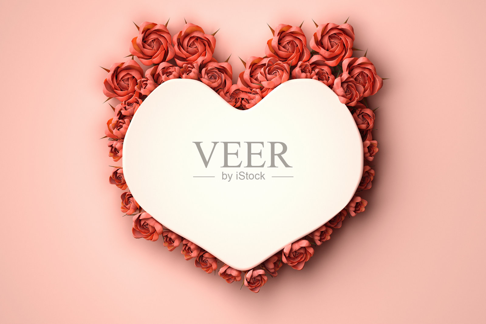 粉色背景上装饰着玫瑰花的纸心。情人节概念。3D渲染。照片摄影图片