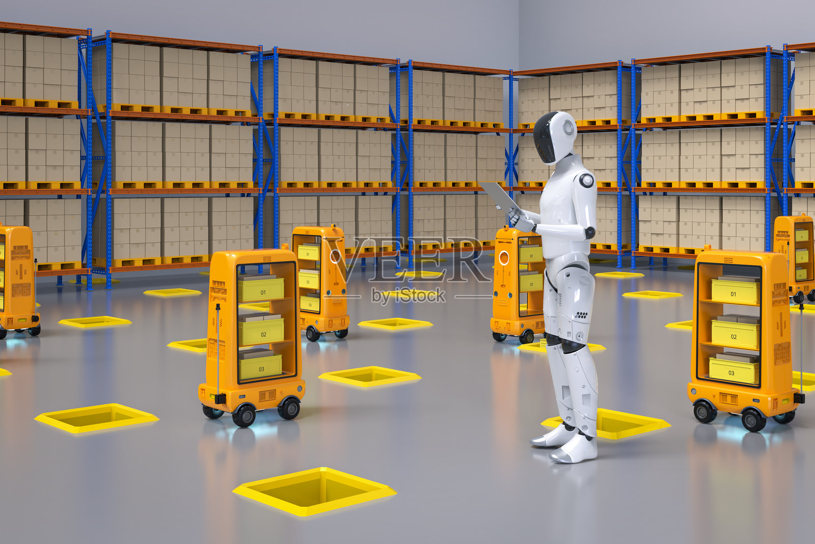 自动化仓库与在仓库工作的赛博格照片摄影图片