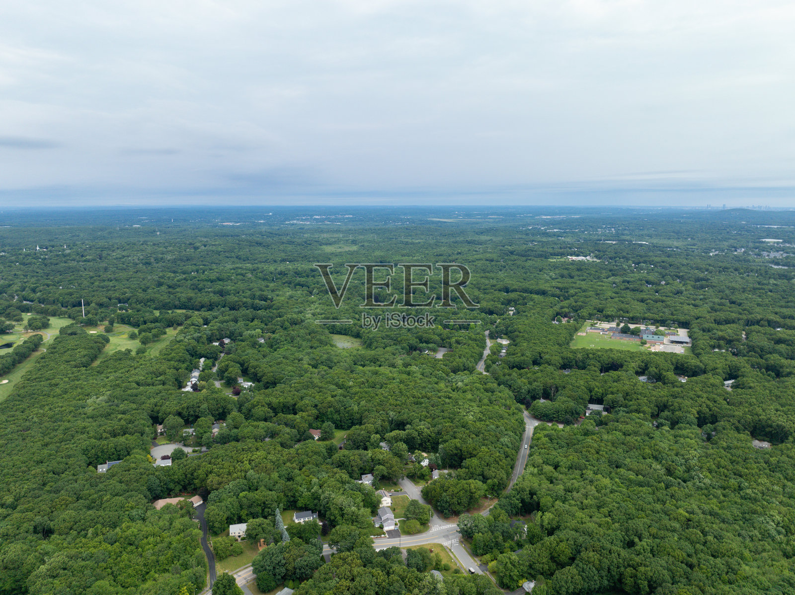 马萨诸塞州诺福克县郊区社区的鸟瞰图，绿树成荫，豪华别墅矗立其中。照片摄影图片