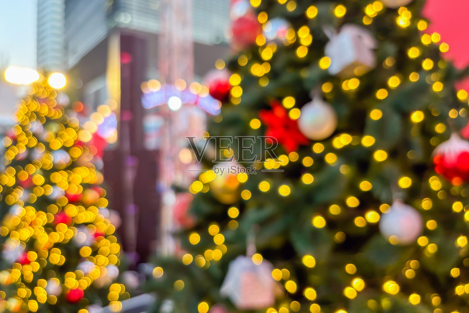 模糊背景中的圣诞树上闪烁的节日金色散景灯光的抽象圣诞假期照片摄影图片