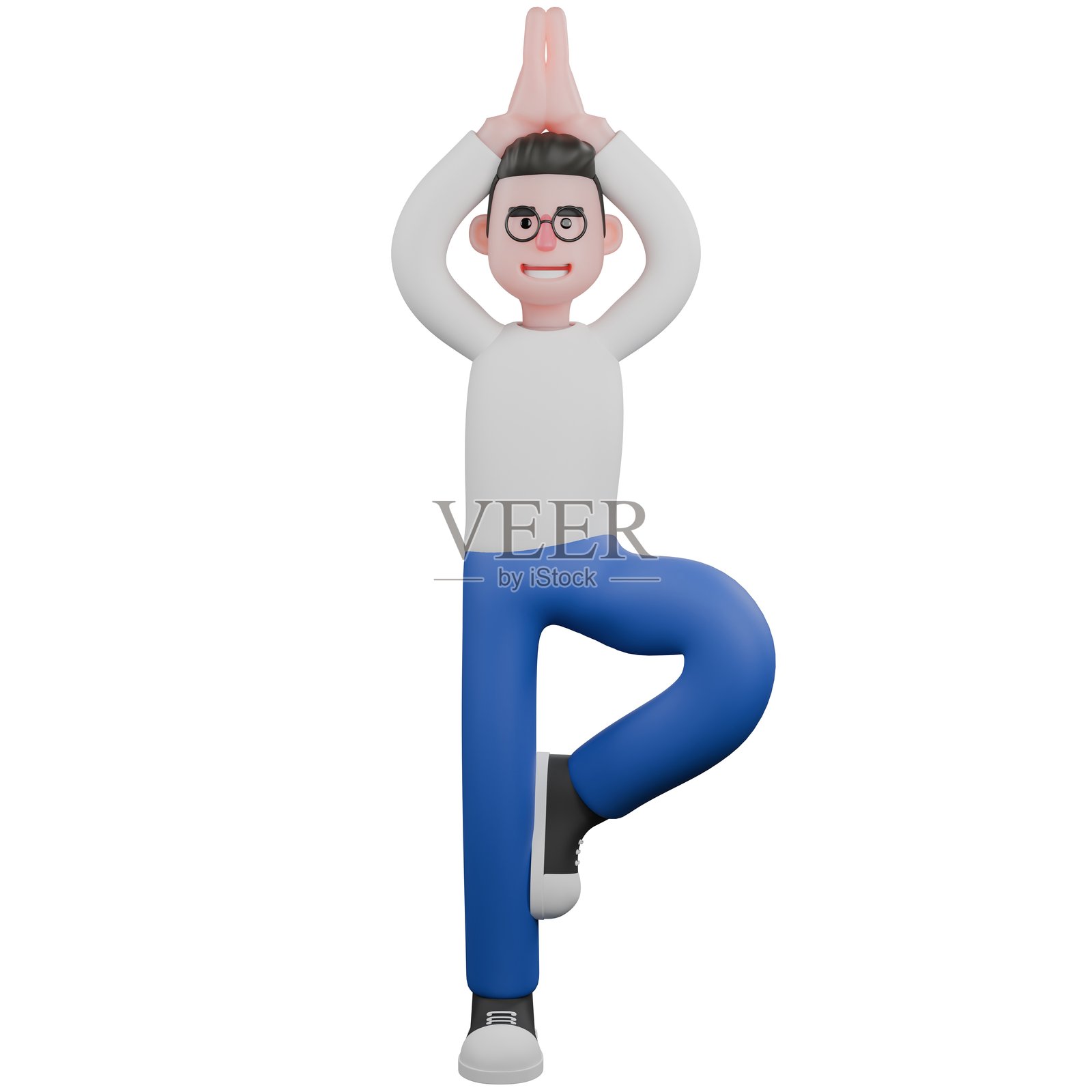 卡通3D模型视频编辑器用于动画。一位男性视频编辑器单腿弯曲，双手握拳在胸前。插图设计照片摄影图片