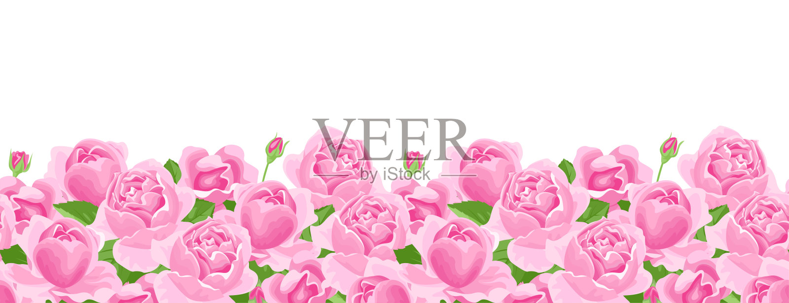 花卉背景。粉色玫瑰横向无缝图案。花朵花环、边框的矢量卡通插图。插画图片素材