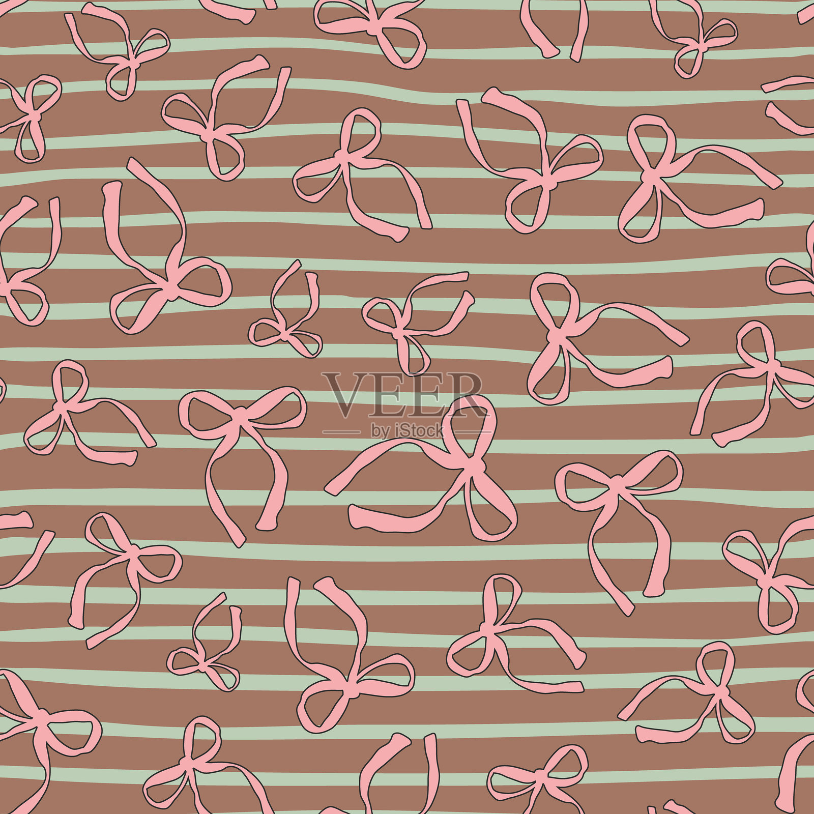 节日气氛的摩卡棕色条纹与蝴蝶结无缝重复图案。插画图片素材