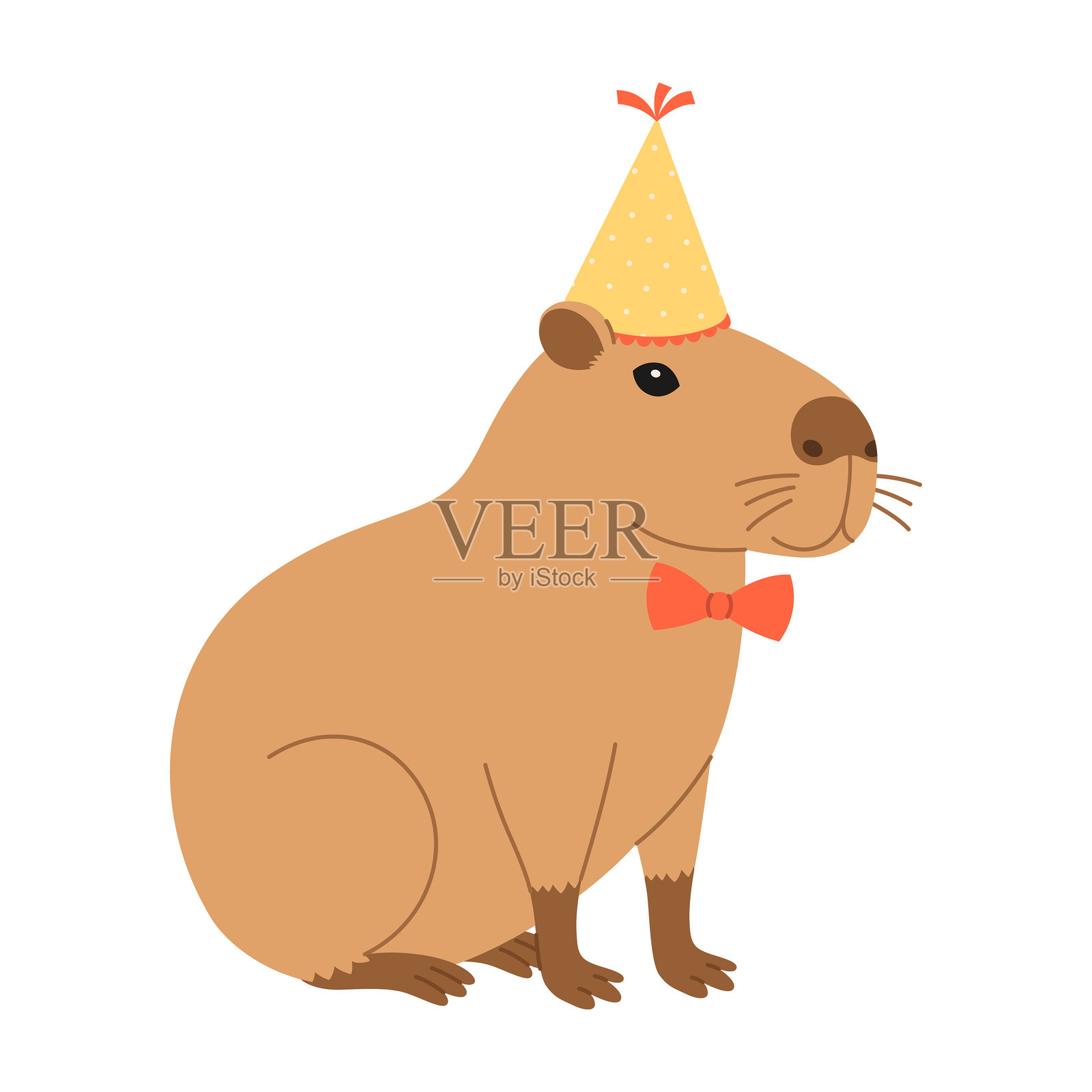 有趣的节日水豚戴着派对帽和蝴蝶结。可爱的水豚适合用于节日贺卡、邀请函和横幅。生日角色。矢量平面插图，背景为白色。插画图片素材