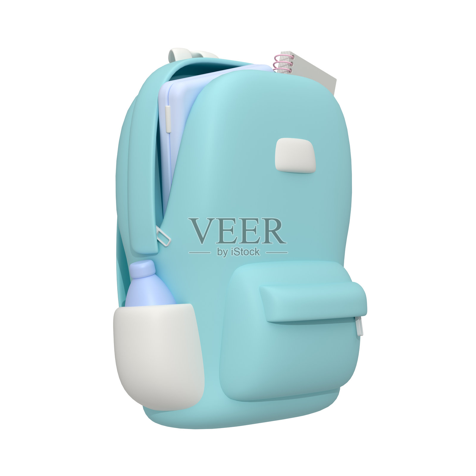 打开的背包里有笔记本电脑、水瓶和一本带弹簧的作业本。3D渲染，3D插图。插画图片素材