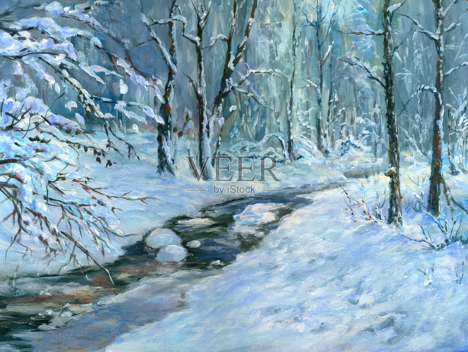 冬季森林中的溪流，画作插画图片素材