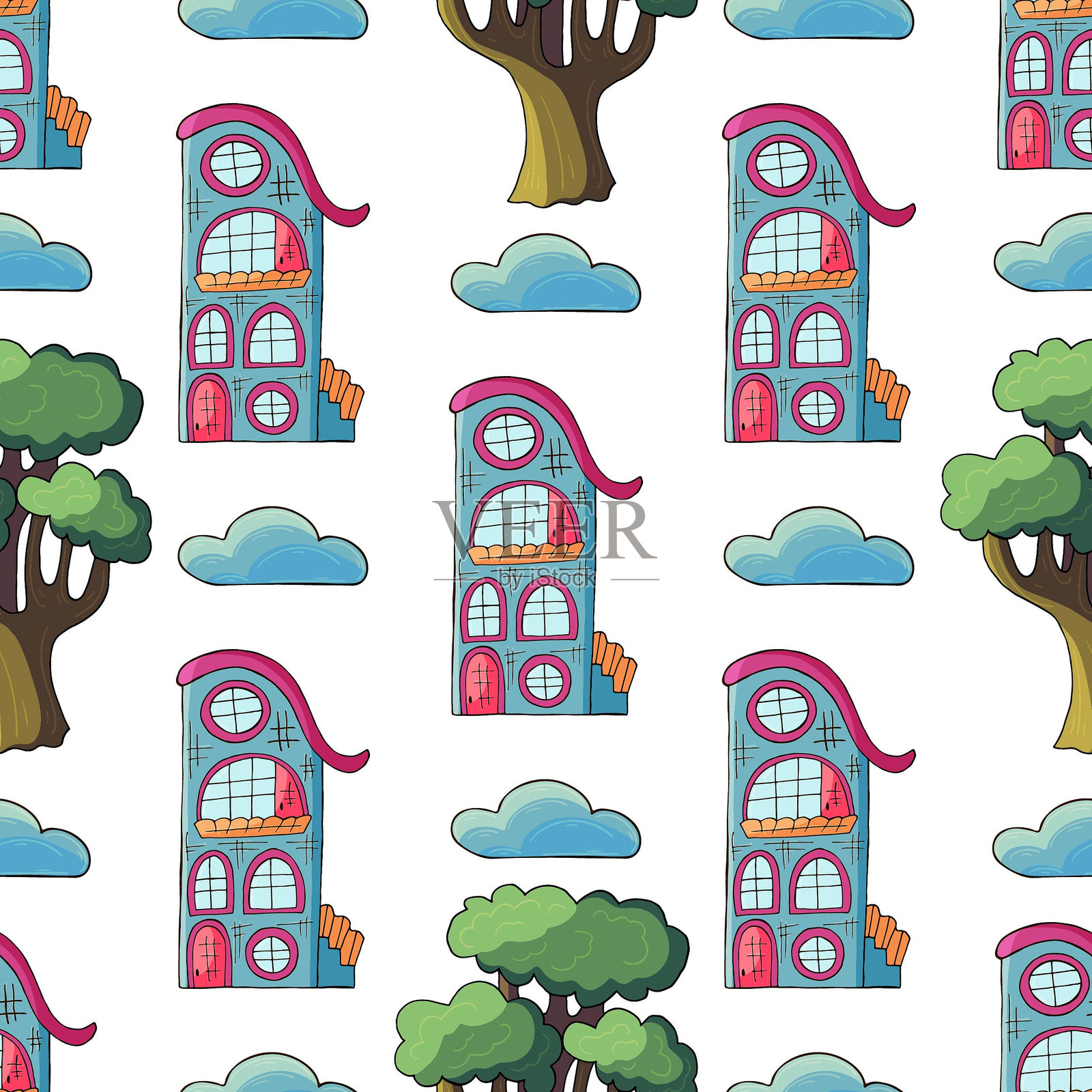 装饰性彩色房屋的无缝图案插画图片素材