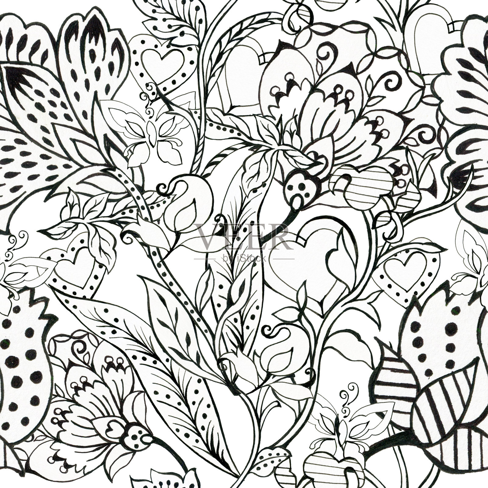 黑白轮廓无缝花卉图案背景，白色背景上的花朵壁纸，手绘装饰花卉图案。适用于家居装饰、面料、地毯、包装和贺卡设计。插画图片素材